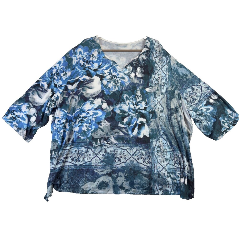 Catherines Shirt Womens 5X Blue Floral Long Sleeve Casual Top Stretch Plus Size